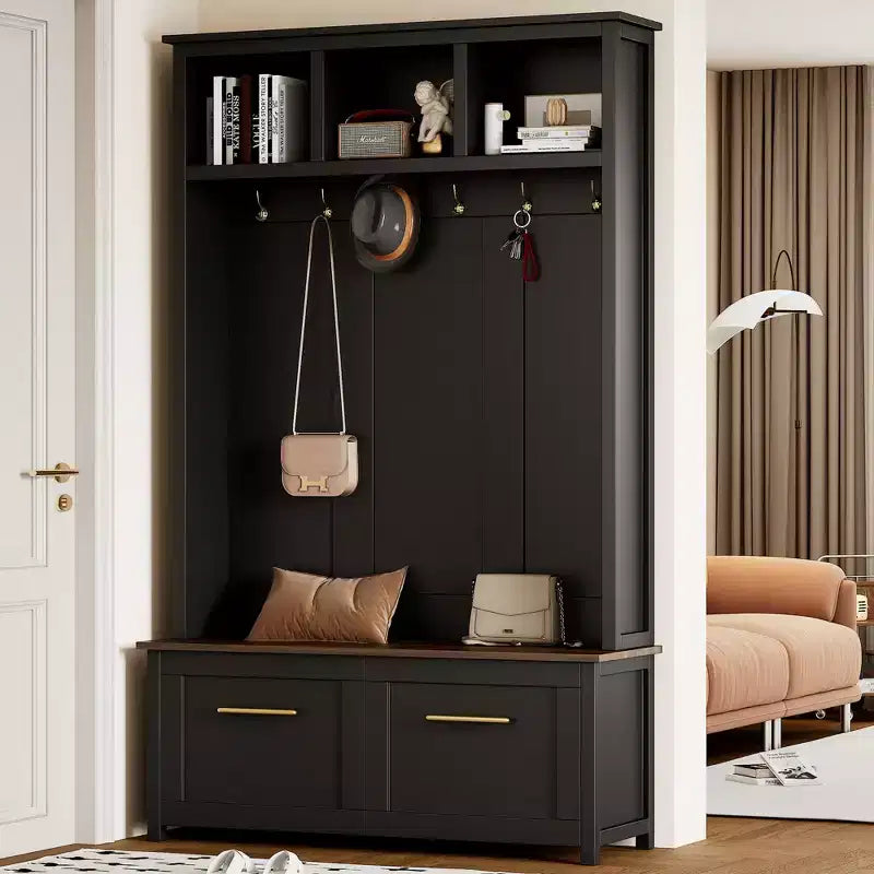CLIHOME Versatile 4-in-1 Hall Tree with 6 Golden Hooks, Wood Grain Bench with Multiple Storage Space, Entryway Coat Rack with 2 Drawers