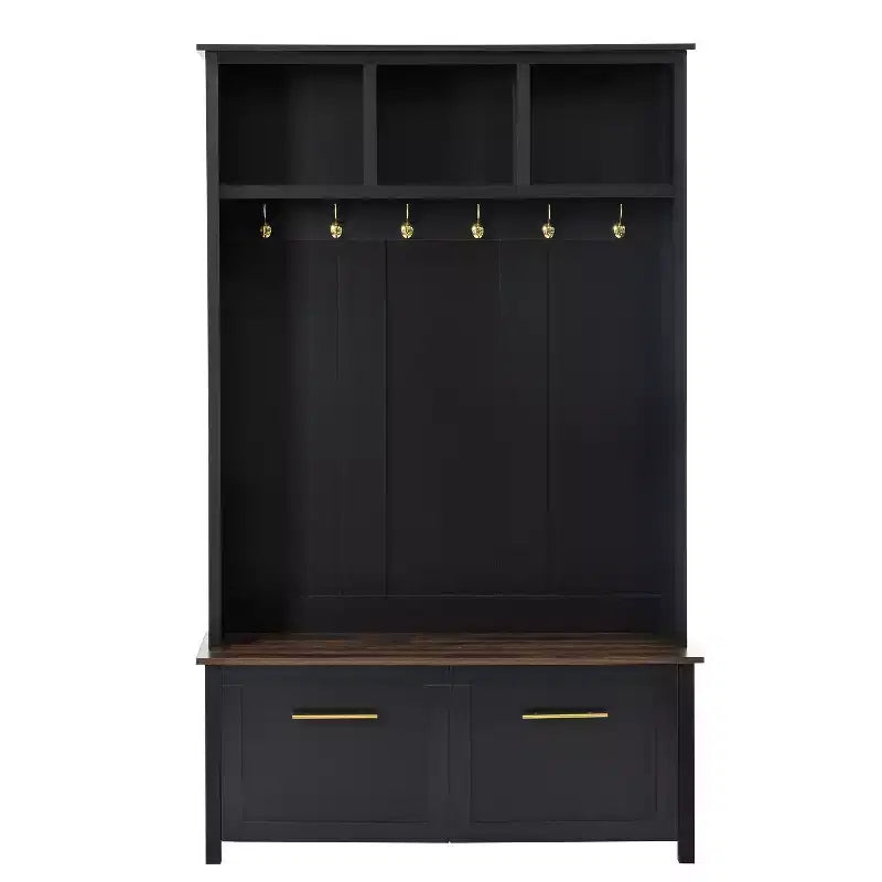 CLIHOME Versatile 4-in-1 Hall Tree with 6 Golden Hooks, Wood Grain Bench with Multiple Storage Space, Entryway Coat Rack with 2 Drawers