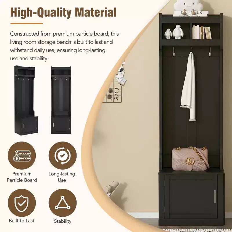 CLIHOME Versatile 4-in-1 Hall Tree with 6 Golden Hooks, Wood Grain Bench with Multiple Storage Space, Entryway Coat Rack with 2 Drawers