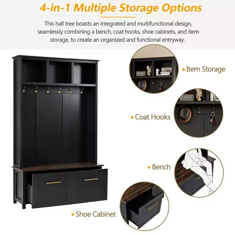 CLIHOME Versatile 4-in-1 Hall Tree with 6 Golden Hooks, Wood Grain Bench with Multiple Storage Space, Entryway Coat Rack with 2 Drawers