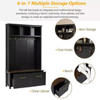CLIHOME Versatile 4-in-1 Hall Tree with 6 Golden Hooks, Wood Grain Bench with Multiple Storage Space, Entryway Coat Rack with 2 Drawers