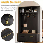 CLIHOME Versatile 4-in-1 Hall Tree with 6 Golden Hooks, Wood Grain Bench with Multiple Storage Space, Entryway Coat Rack with 2 Drawers