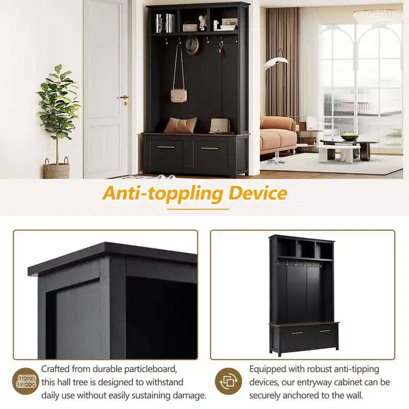CLIHOME Versatile 4-in-1 Hall Tree with 6 Golden Hooks, Wood Grain Bench with Multiple Storage Space, Entryway Coat Rack with 2 Drawers