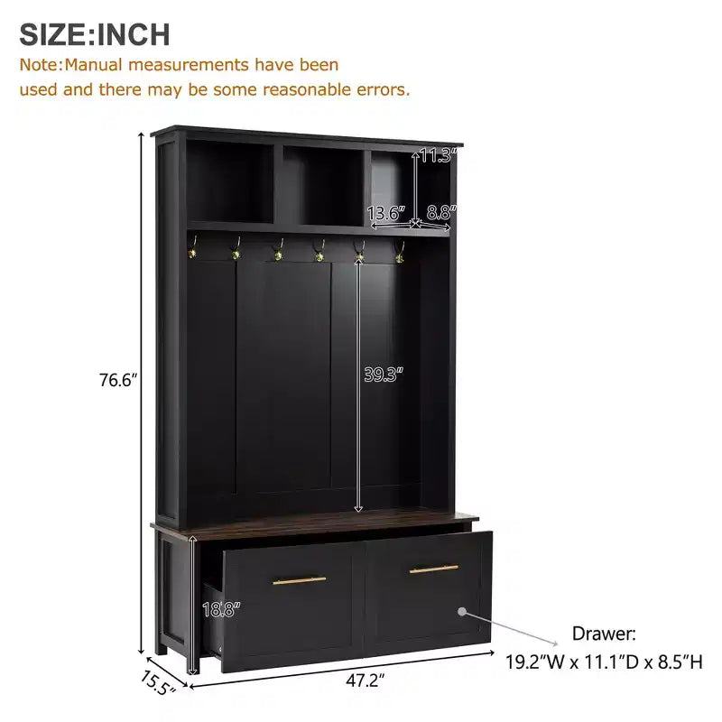 CLIHOME Versatile 4-in-1 Hall Tree with 6 Golden Hooks, Wood Grain Bench with Multiple Storage Space, Entryway Coat Rack with 2 Drawers