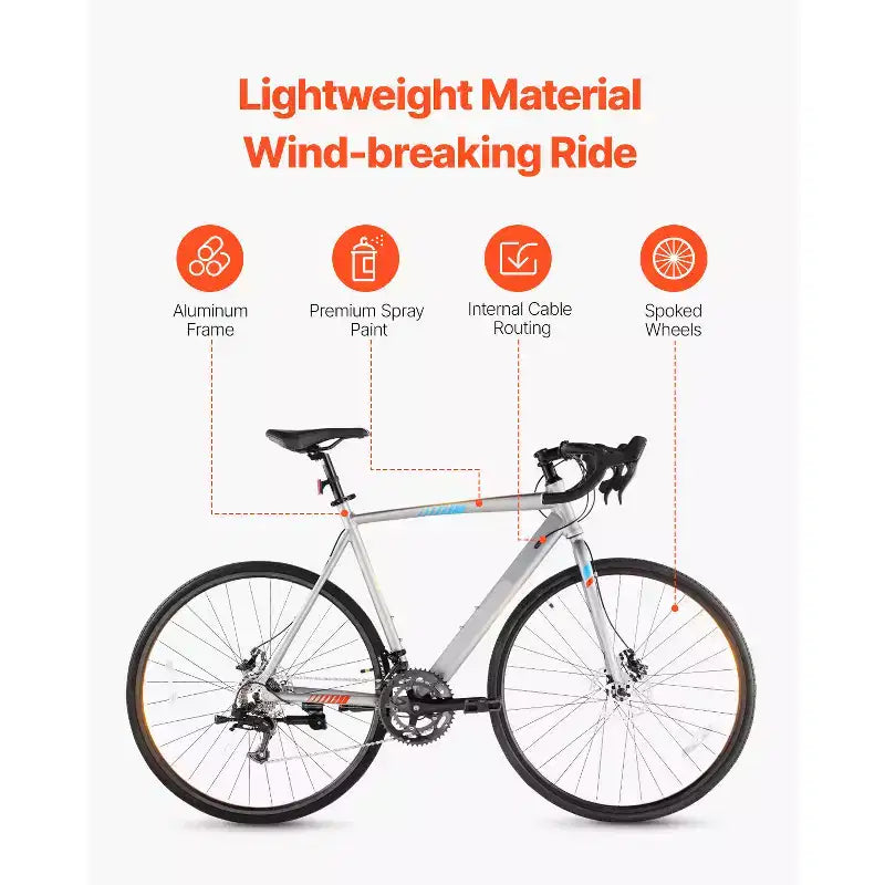 VEVOR Road Bike, 700C Wheels Racing Bike, L-TWOO 14 Speeds Drivetrain City Commuter Road Bicycle with Lightweight Aluminum Alloy Frame, Grey