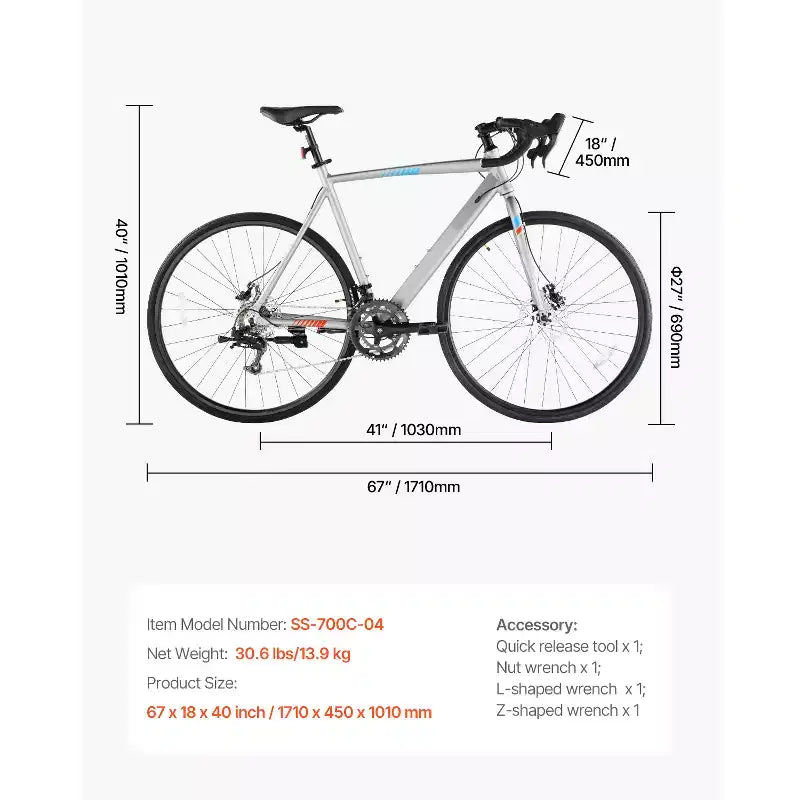 VEVOR Road Bike, 700C Wheels Racing Bike, L-TWOO 14 Speeds Drivetrain City Commuter Road Bicycle with Lightweight Aluminum Alloy Frame, Grey