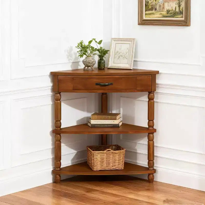 Hostack 33.8'' Small Triangle Corner Table with 3 Tiers, Solid Wood Legs for Small Spaces and Living Room, Brown
