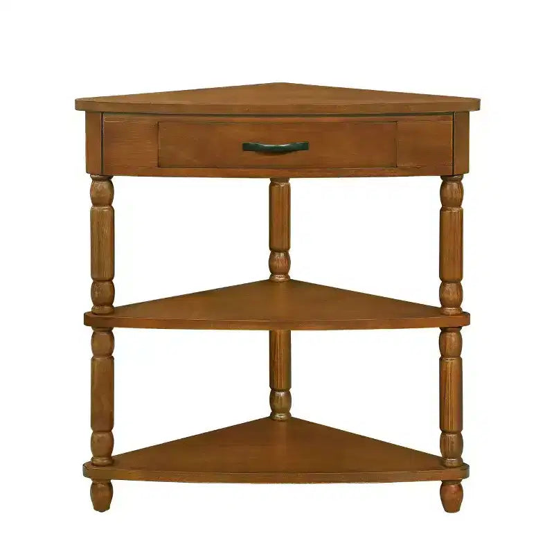 Hostack 33.8'' Small Triangle Corner Table with 3 Tiers, Solid Wood Legs for Small Spaces and Living Room, Brown