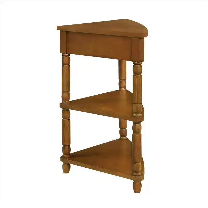 Hostack Tavolino da Angolo Triangolare Piccolo da 33,8'' con 3 Ripiani, Gambe in Legno Massiccio per Piccoli Spazi e Soggiorno, Marrone