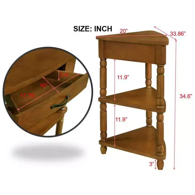 Hostack Tavolino da Angolo Triangolare Piccolo da 33,8'' con 3 Ripiani, Gambe in Legno Massiccio per Piccoli Spazi e Soggiorno, Marrone