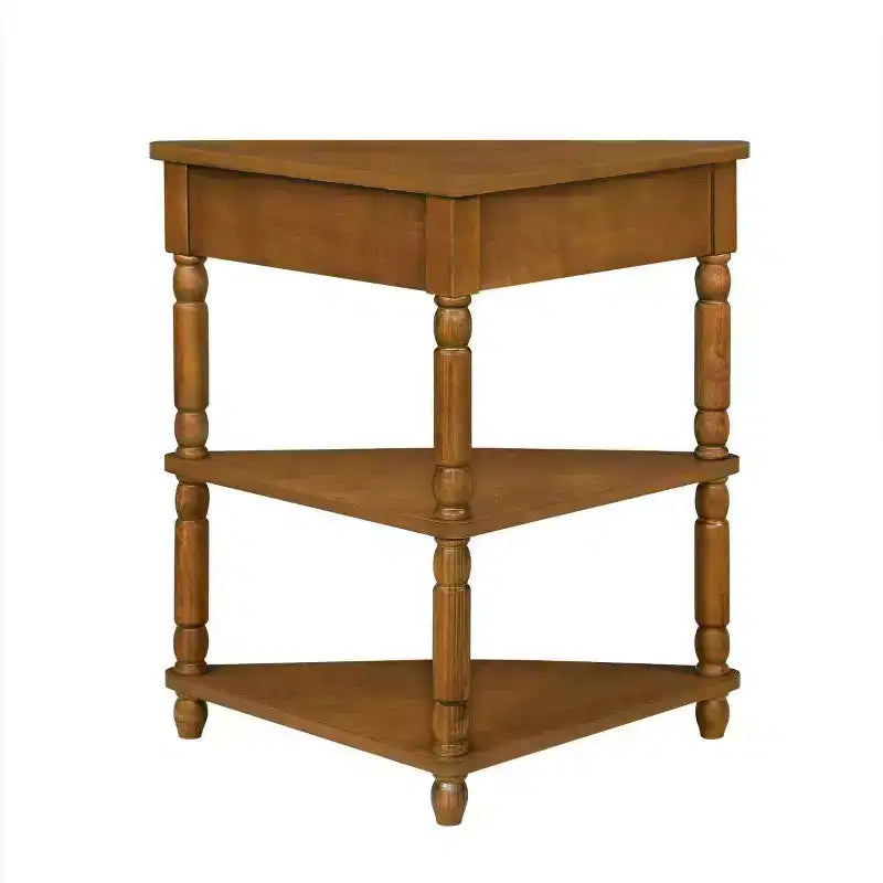 Hostack Tavolino da Angolo Triangolare Piccolo da 33,8'' con 3 Ripiani, Gambe in Legno Massiccio per Piccoli Spazi e Soggiorno, Marrone