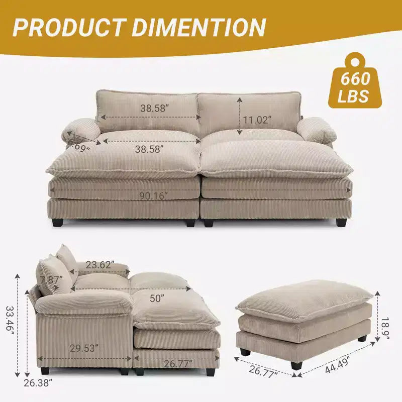 Karl Home |90'' W Off-white Corduroy Modular Cloud Couch Sleeper Sofa