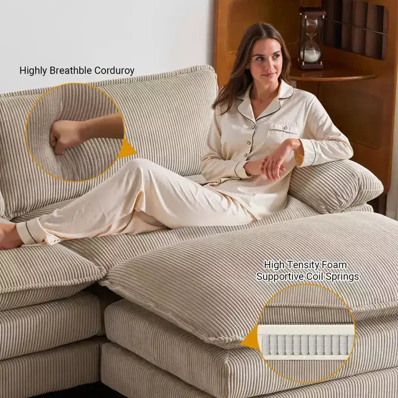 Karl Home |90'' W Off-white Corduroy Modular Cloud Couch Sleeper Sofa