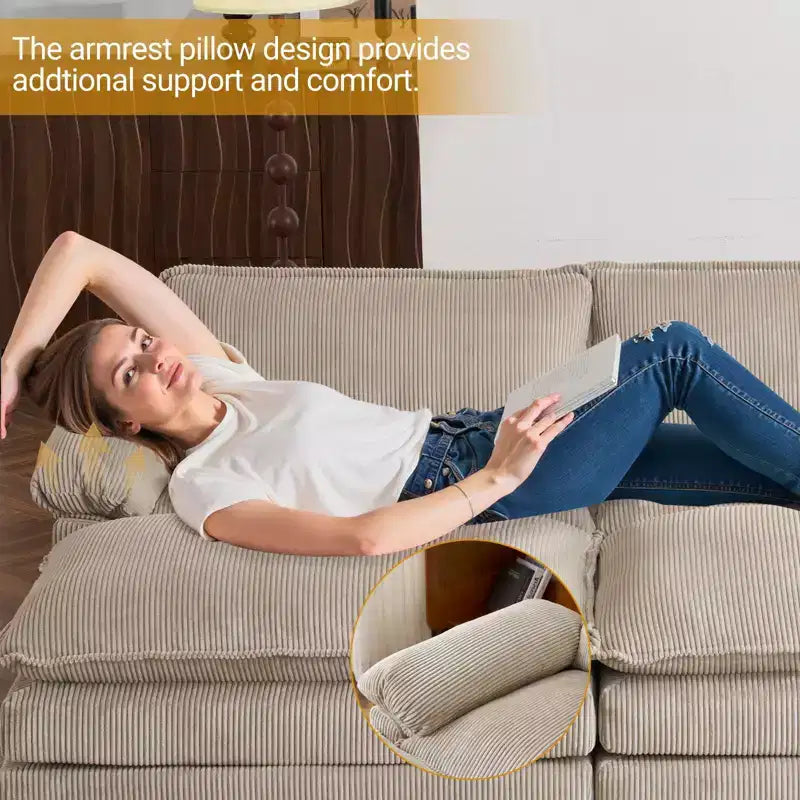 Karl Home |90'' W Off-white Corduroy Modular Cloud Couch Sleeper Sofa