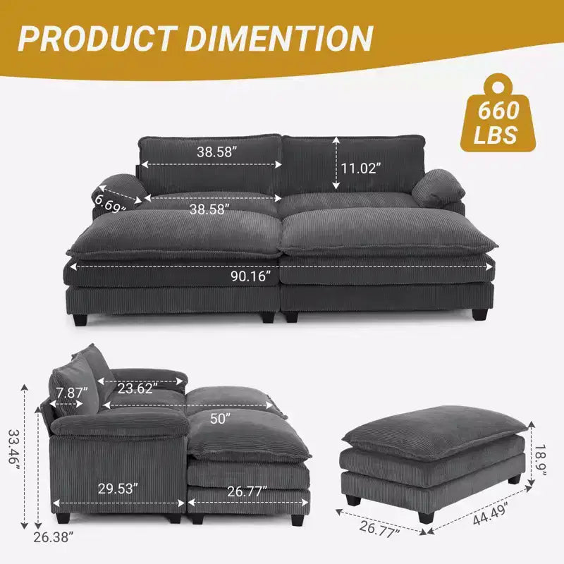 Karl Home |90'' W Off-white Corduroy Modular Cloud Couch Sleeper Sofa