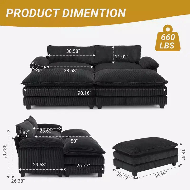 Karl Home |90'' W Off-white Corduroy Modular Cloud Couch Sleeper Sofa