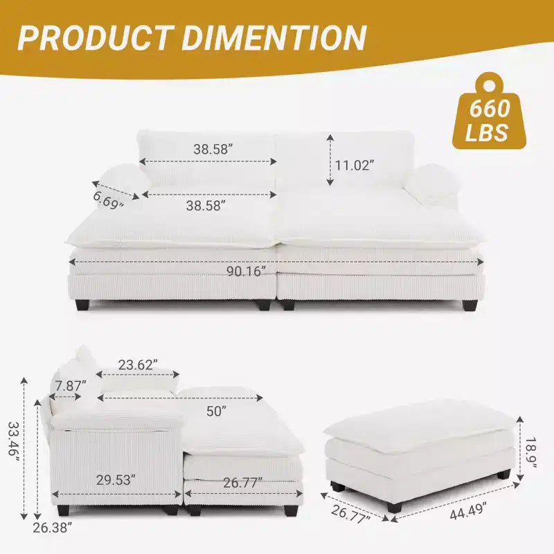 Karl Home |90'' W Off-white Corduroy Modular Cloud Couch Sleeper Sofa
