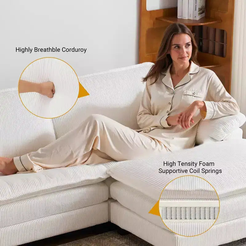 Karl Home |90'' W Off-white Corduroy Modular Cloud Couch Sleeper Sofa