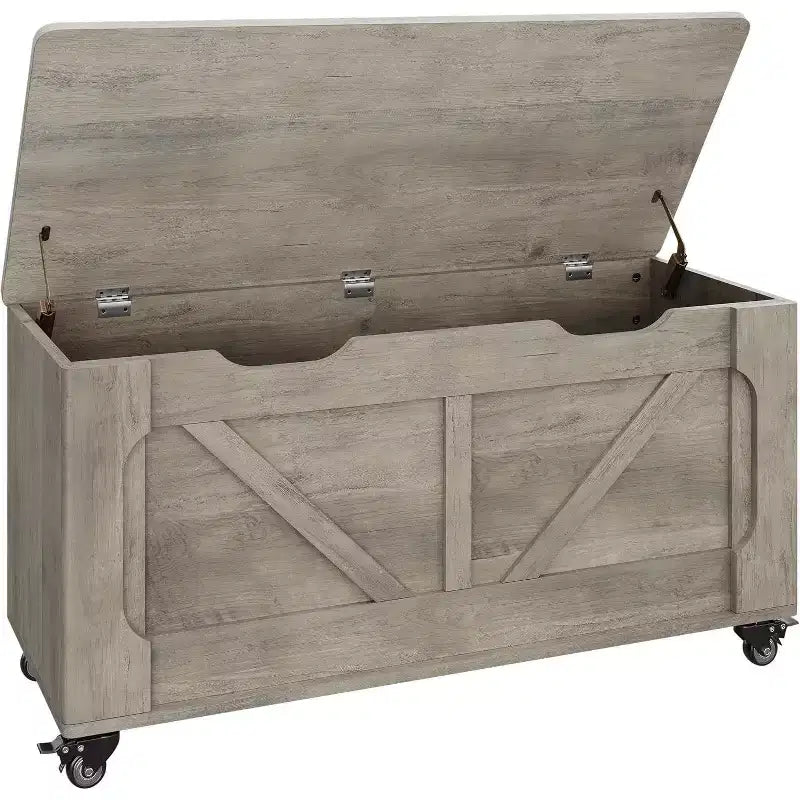 Acekool Storage Chest with Wheels, Wooden Trunk Bench 39.4 with Safety Hinges, 350 lb Support, Rounded Corners, Entryway, Living Room, Gray