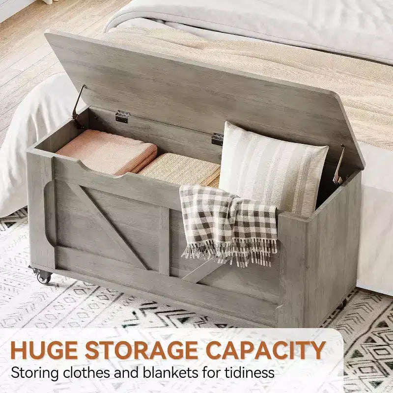Acekool Storage Chest with Wheels, Wooden Trunk Bench 39.4 with Safety Hinges, 350 lb Support, Rounded Corners, Entryway, Living Room, Gray