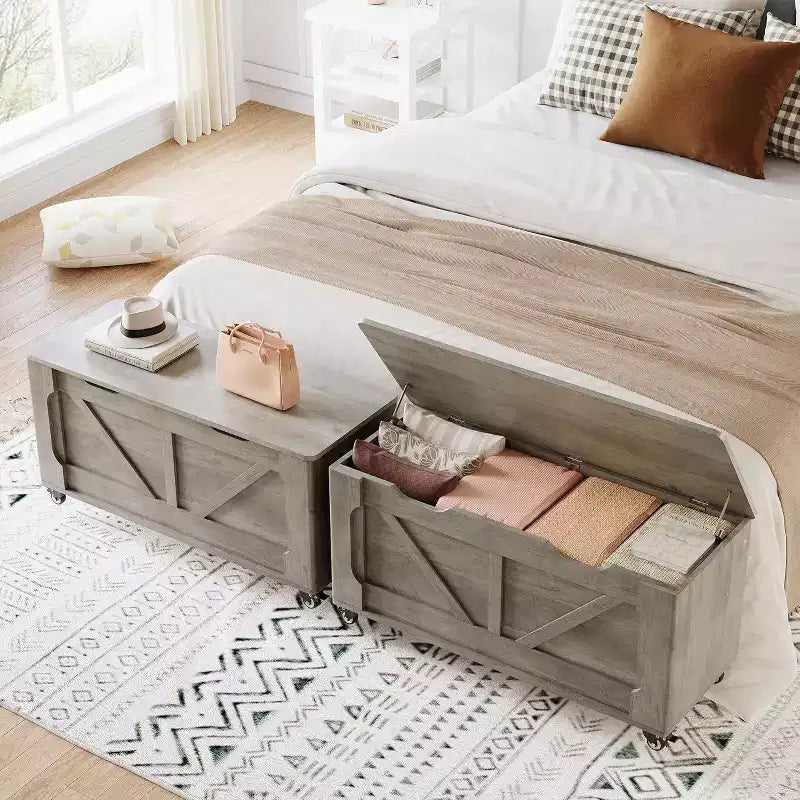 Acekool Storage Chest with Wheels, Wooden Trunk Bench 39.4 with Safety Hinges, 350 lb Support, Rounded Corners, Entryway, Living Room, Gray