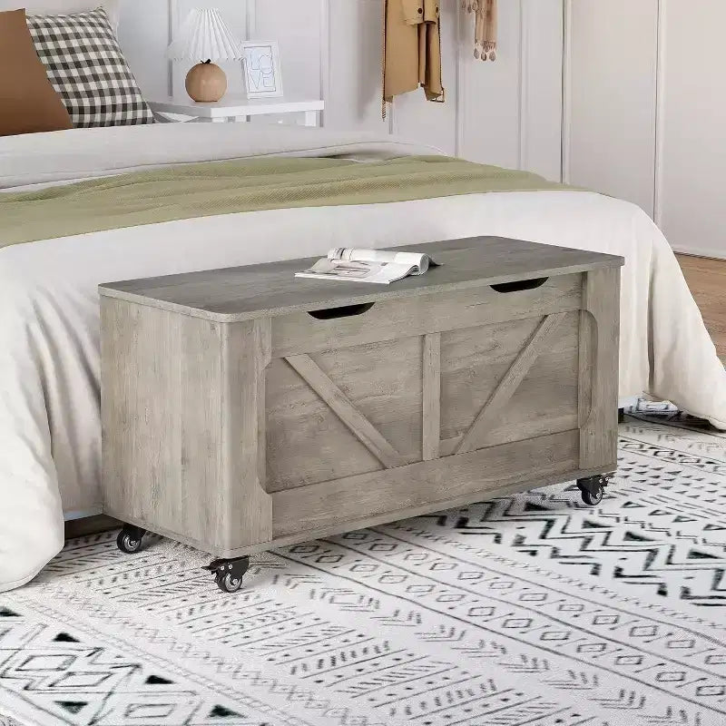 Acekool Storage Chest with Wheels, Wooden Trunk Bench 39.4 with Safety Hinges, 350 lb Support, Rounded Corners, Entryway, Living Room, Gray
