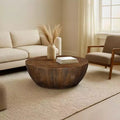 Royal Hampton Coffee Table | 35.5 Round Top | Drum Shaped Sandblasted Walnut Brown Mango Wood