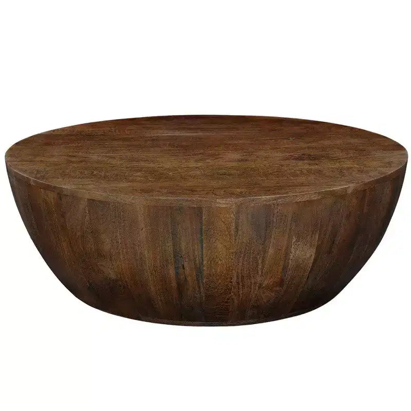 Royal Hampton Coffee Table | 35.5 Round Top | Drum Shaped Sandblasted Walnut Brown Mango Wood