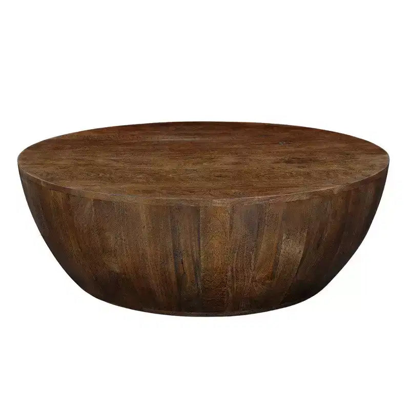 Royal Hampton Coffee Table | 35.5 Round Top | Drum Shaped Sandblasted Walnut Brown Mango Wood