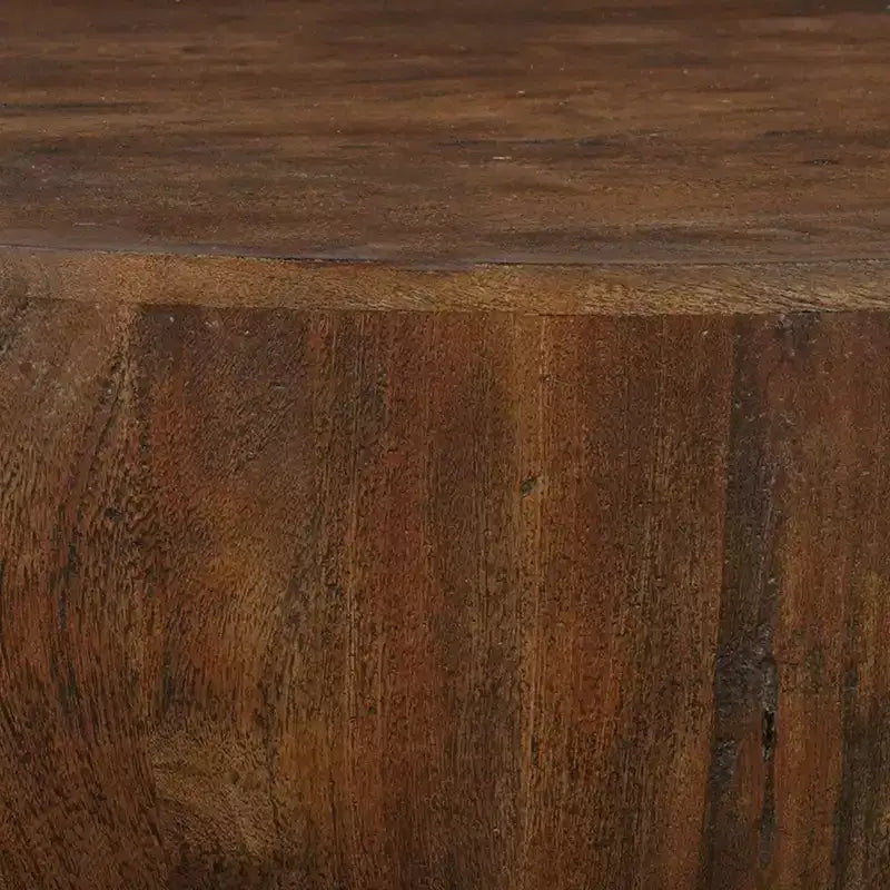 Royal Hampton Coffee Table | 35.5 Round Top | Drum Shaped Sandblasted Walnut Brown Mango Wood