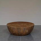 Royal Hampton Coffee Table | 35.5 Round Top | Drum Shaped Sandblasted Walnut Brown Mango Wood