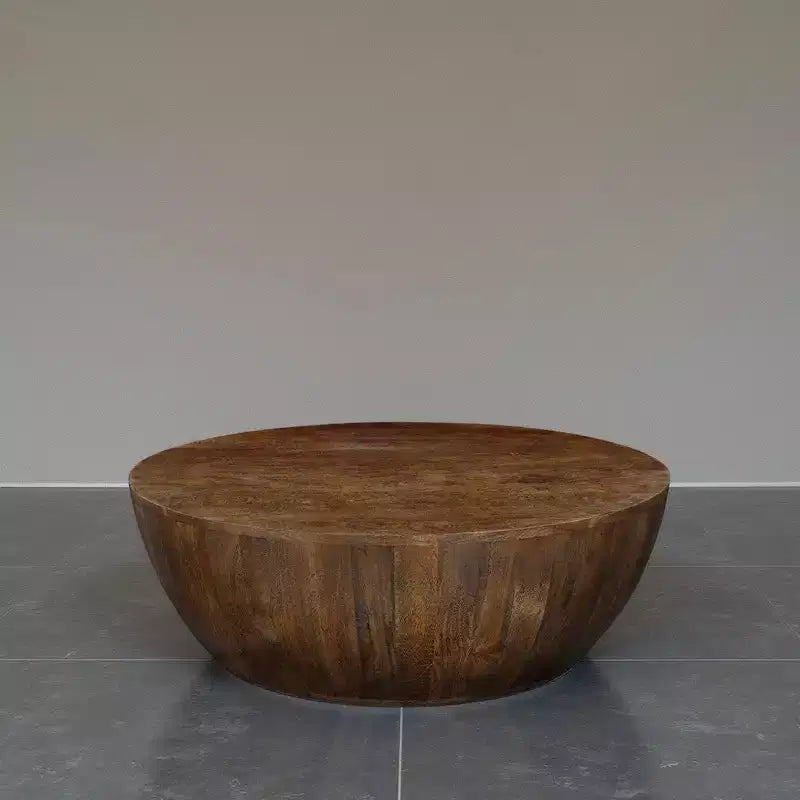 Royal Hampton Coffee Table | 35.5 Round Top | Drum Shaped Sandblasted Walnut Brown Mango Wood