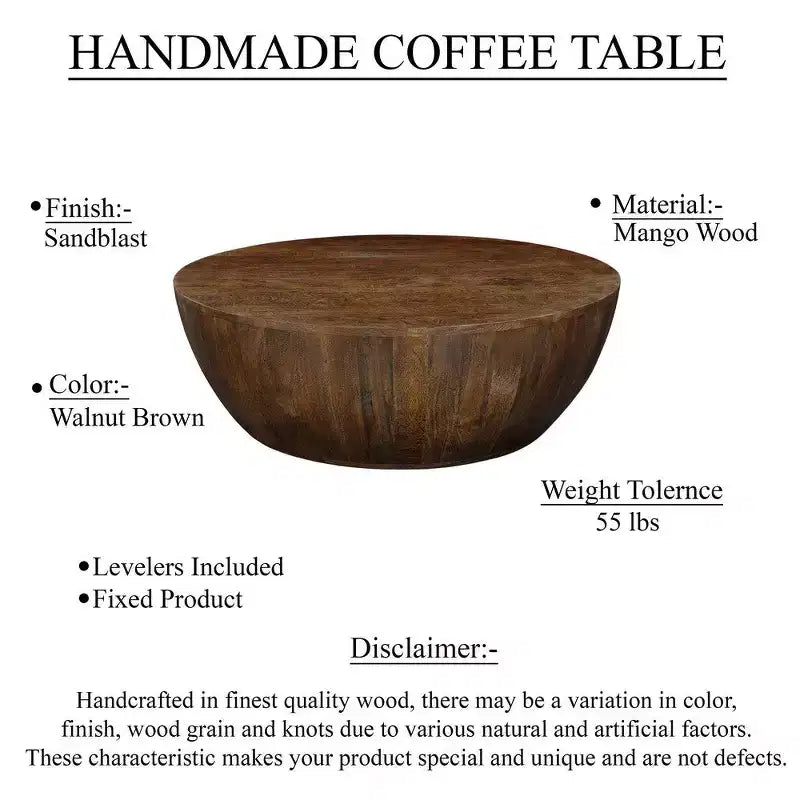 Royal Hampton Coffee Table | 35.5 Round Top | Drum Shaped Sandblasted Walnut Brown Mango Wood