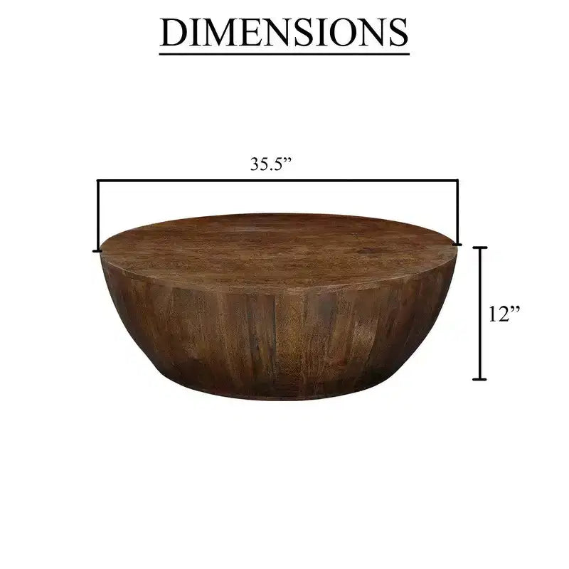 Royal Hampton Coffee Table | 35.5 Round Top | Drum Shaped Sandblasted Walnut Brown Mango Wood