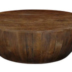 Royal Hampton Coffee Table | 35.5 Round Top | Drum Shaped Sandblasted Walnut Brown Mango Wood