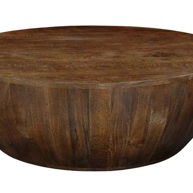Royal Hampton Coffee Table | 35.5 Round Top | Drum Shaped Sandblasted Walnut Brown Mango Wood