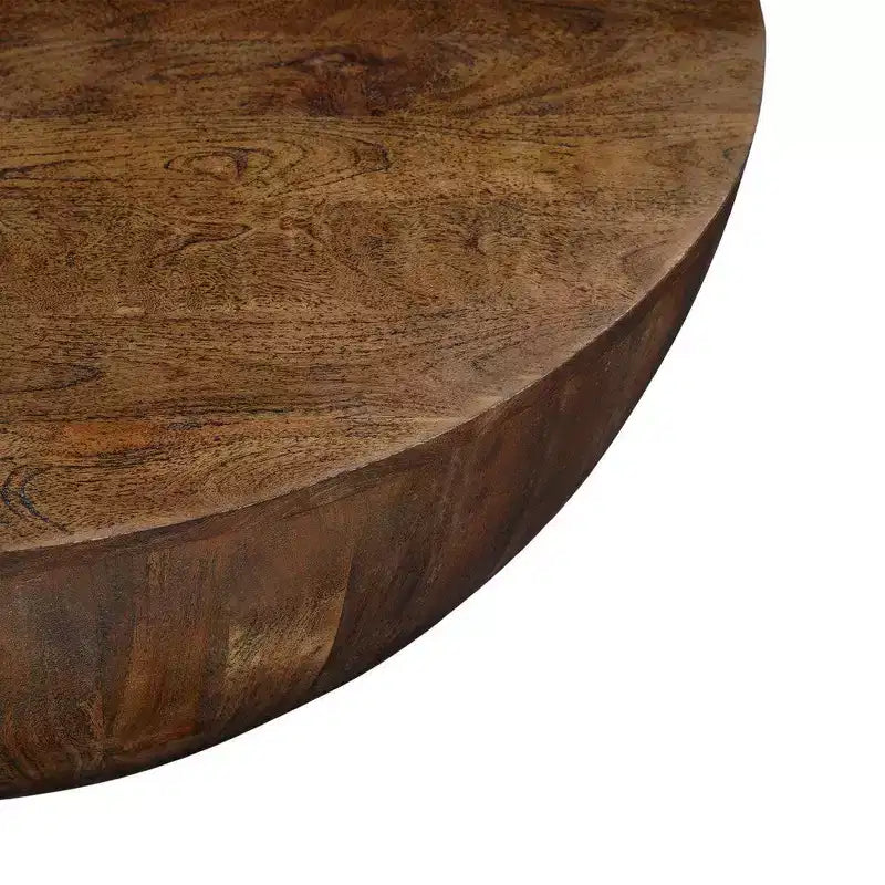 Royal Hampton Coffee Table | 35.5 Round Top | Drum Shaped Sandblasted Walnut Brown Mango Wood
