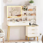 Acekool Fluted Vanity Desk with Mirror, 5 Drawers, Glass Shelves, Adjustable Lighting, Charging Ports, Bedroom Dressing Table, Wood color, 45 Inch