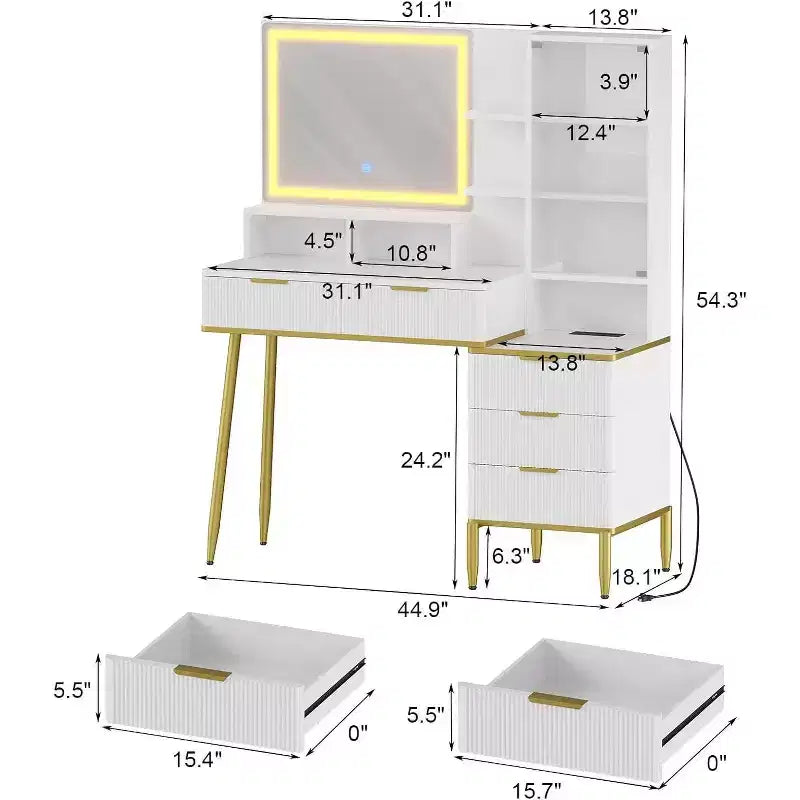Acekool Fluted Vanity Desk with Mirror, 5 Drawers, Glass Shelves, Adjustable Lighting, Charging Ports, Bedroom Dressing Table, Wood color, 45 Inch