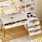 Acekool Fluted Vanity Desk with Mirror, 5 Drawers, Glass Shelves, Adjustable Lighting, Charging Ports, Bedroom Dressing Table, Wood color, 45 Inch