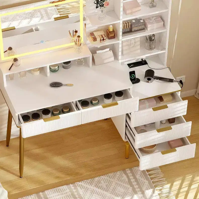 Acekool Fluted Vanity Desk with Mirror, 5 Drawers, Glass Shelves, Adjustable Lighting, Charging Ports, Bedroom Dressing Table, Wood color, 45 Inch