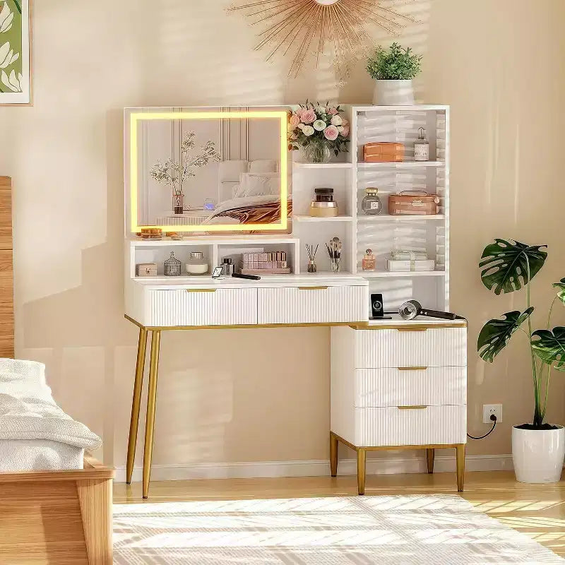 Acekool Fluted Vanity Desk with Mirror, 5 Drawers, Glass Shelves, Adjustable Lighting, Charging Ports, Bedroom Dressing Table, Wood color, 45 Inch