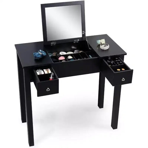 Acekool Vanity Table Set with Flip-Top Mirror, Removable Partition, 2 Drawers, Multi-Use Makeup Dressing Desk for Bedroom, Black, Mid Century Style