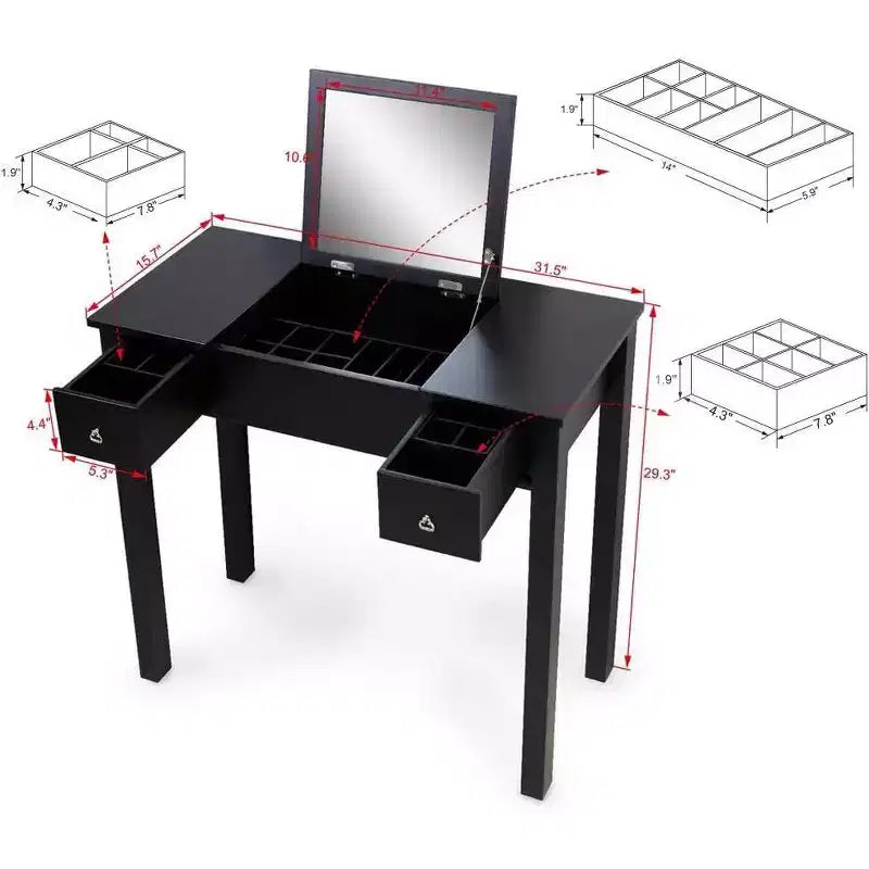 Acekool Vanity Table Set with Flip-Top Mirror, Removable Partition, 2 Drawers, Multi-Use Makeup Dressing Desk for Bedroom, Black, Mid Century Style