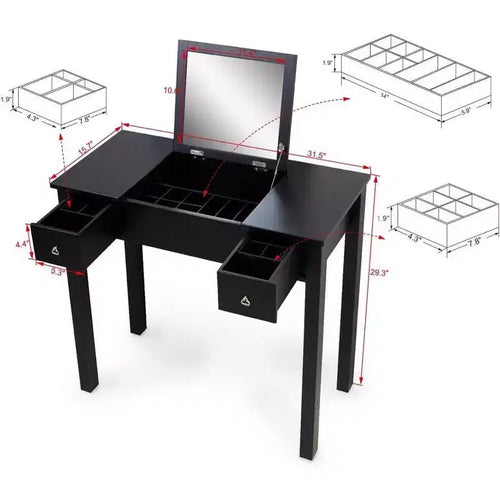 Acekool Vanity Table Set with Flip-Top Mirror, Removable Partition, 2 Drawers, Multi-Use Makeup Dressing Desk for Bedroom, Black, Mid Century Style