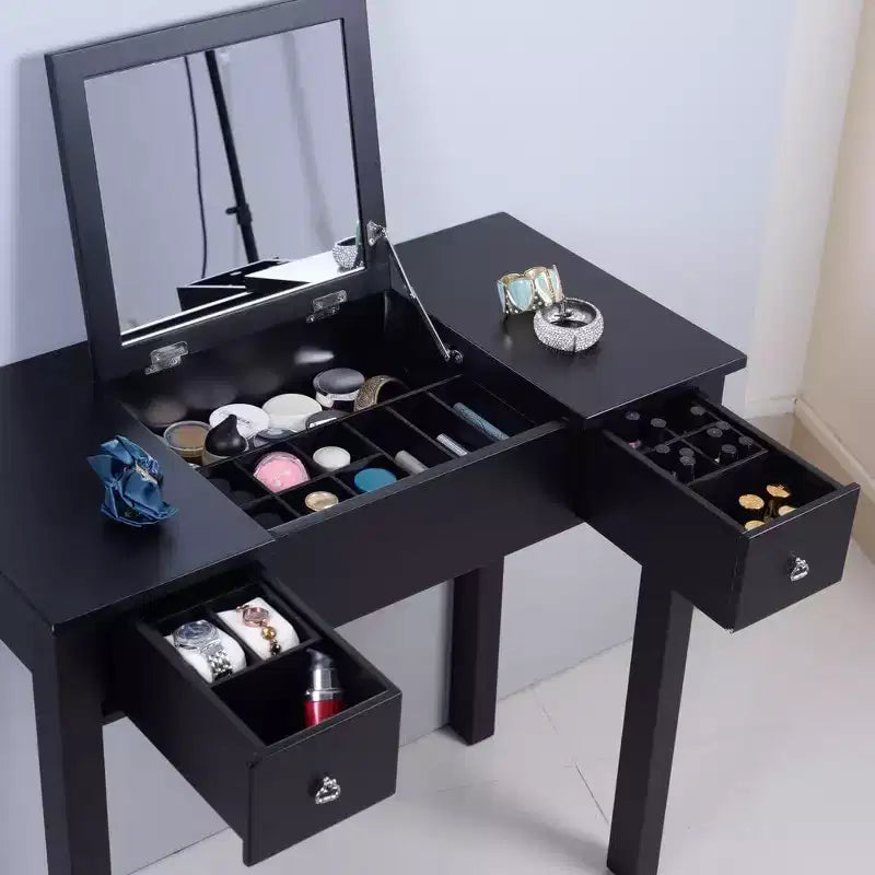Acekool Vanity Table Set with Flip-Top Mirror, Removable Partition, 2 Drawers, Multi-Use Makeup Dressing Desk for Bedroom, Black, Mid Century Style