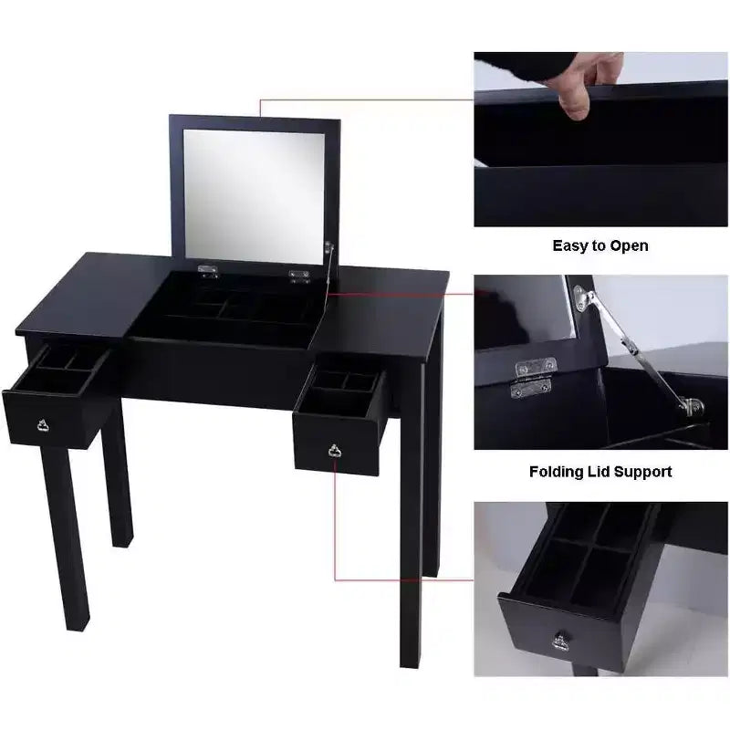 Acekool Vanity Table Set with Flip-Top Mirror, Removable Partition, 2 Drawers, Multi-Use Makeup Dressing Desk for Bedroom, Black, Mid Century Style