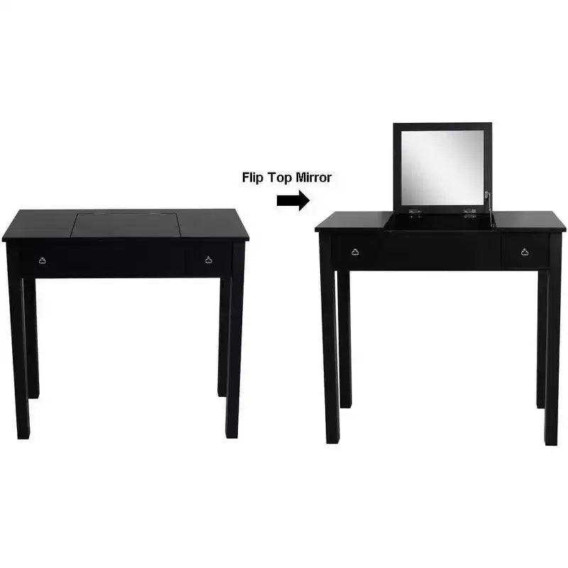 Acekool Vanity Table Set with Flip-Top Mirror, Removable Partition, 2 Drawers, Multi-Use Makeup Dressing Desk for Bedroom, Black, Mid Century Style