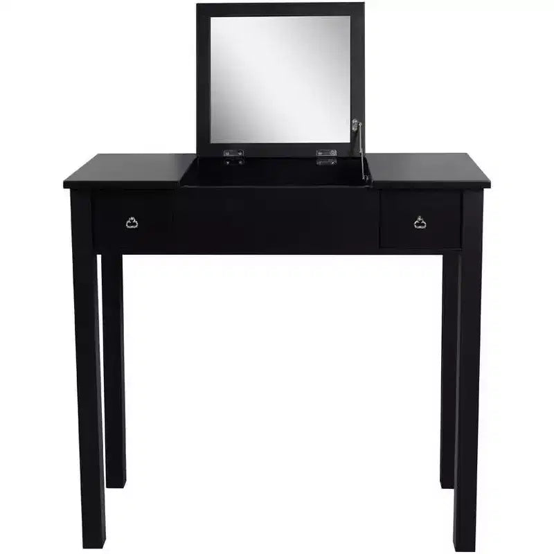 Acekool Vanity Table Set with Flip-Top Mirror, Removable Partition, 2 Drawers, Multi-Use Makeup Dressing Desk for Bedroom, Black, Mid Century Style
