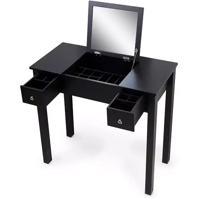 Acekool Vanity Table Set with Flip-Top Mirror, Removable Partition, 2 Drawers, Multi-Use Makeup Dressing Desk for Bedroom, Black, Mid Century Style